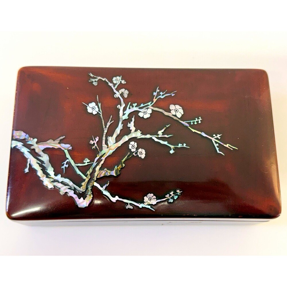 Korean Lacquered Decorative Box Inlaid Floral Branch Design Made in Korea 7x4x2